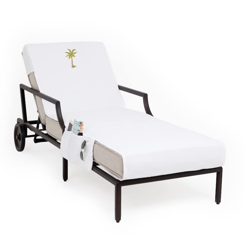 Authentic Turkish Cotton Embroidered Palm Tree White Towel Cover with Pocket for Standard Chaise Lounge Chair