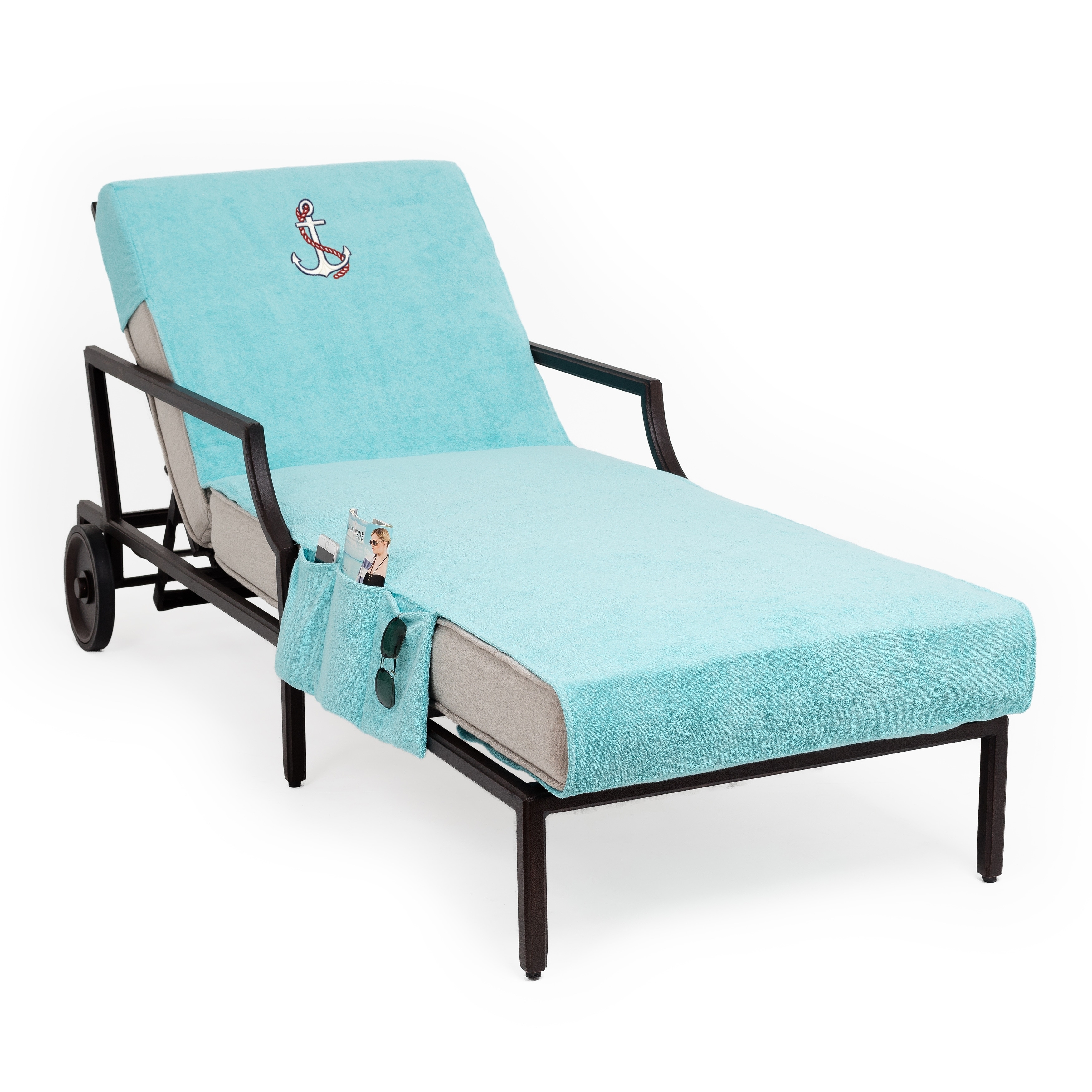 Authentic Turkish Cotton Embroidered Anchor Aqua Towel Cover with Pocket for Standard Chaise Lounge Chair