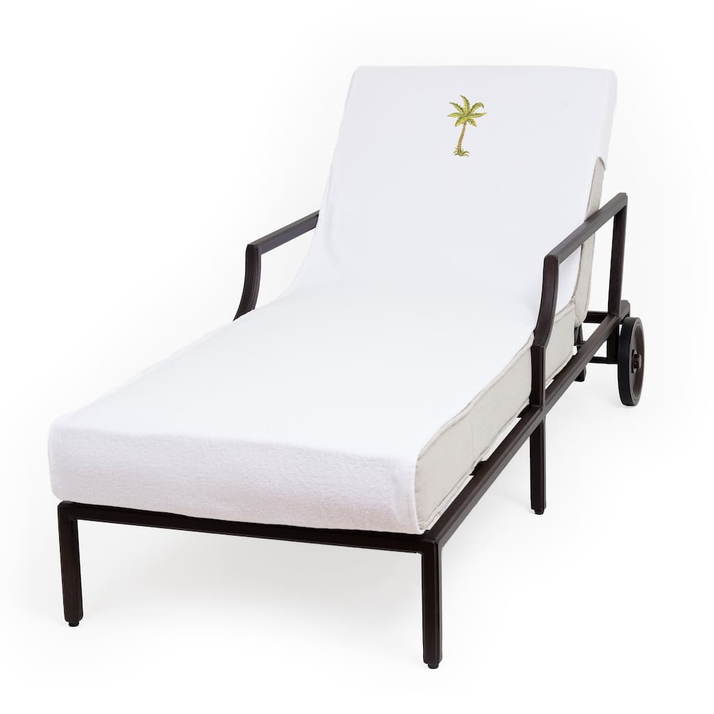 Authentic Turkish Cotton Embroidered Palm Tree White Towel Cover for Standard Chaise Lounge Chair