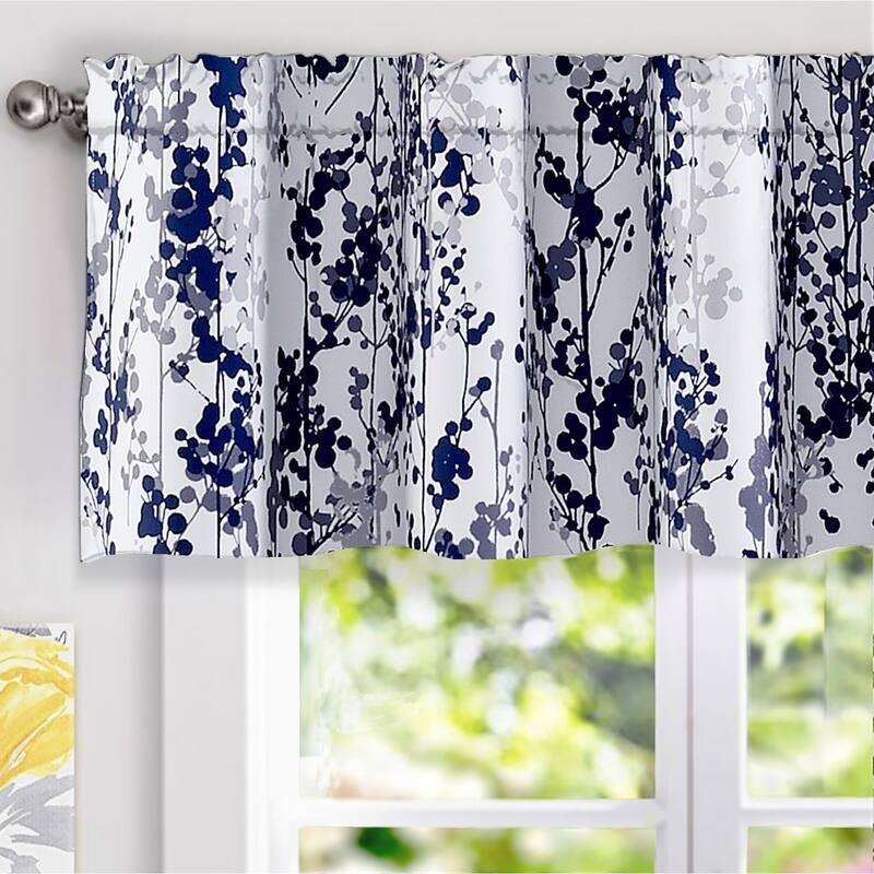DriftAway Leah Floral Blossom Ink Painting Window Valance - 52" width x 18" length - Navy