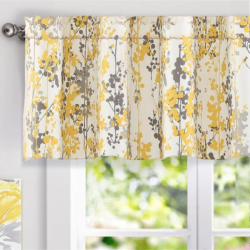 DriftAway Leah Floral Blossom Ink Painting Window Valance - 52" width x 18" length - golden yellow/gray