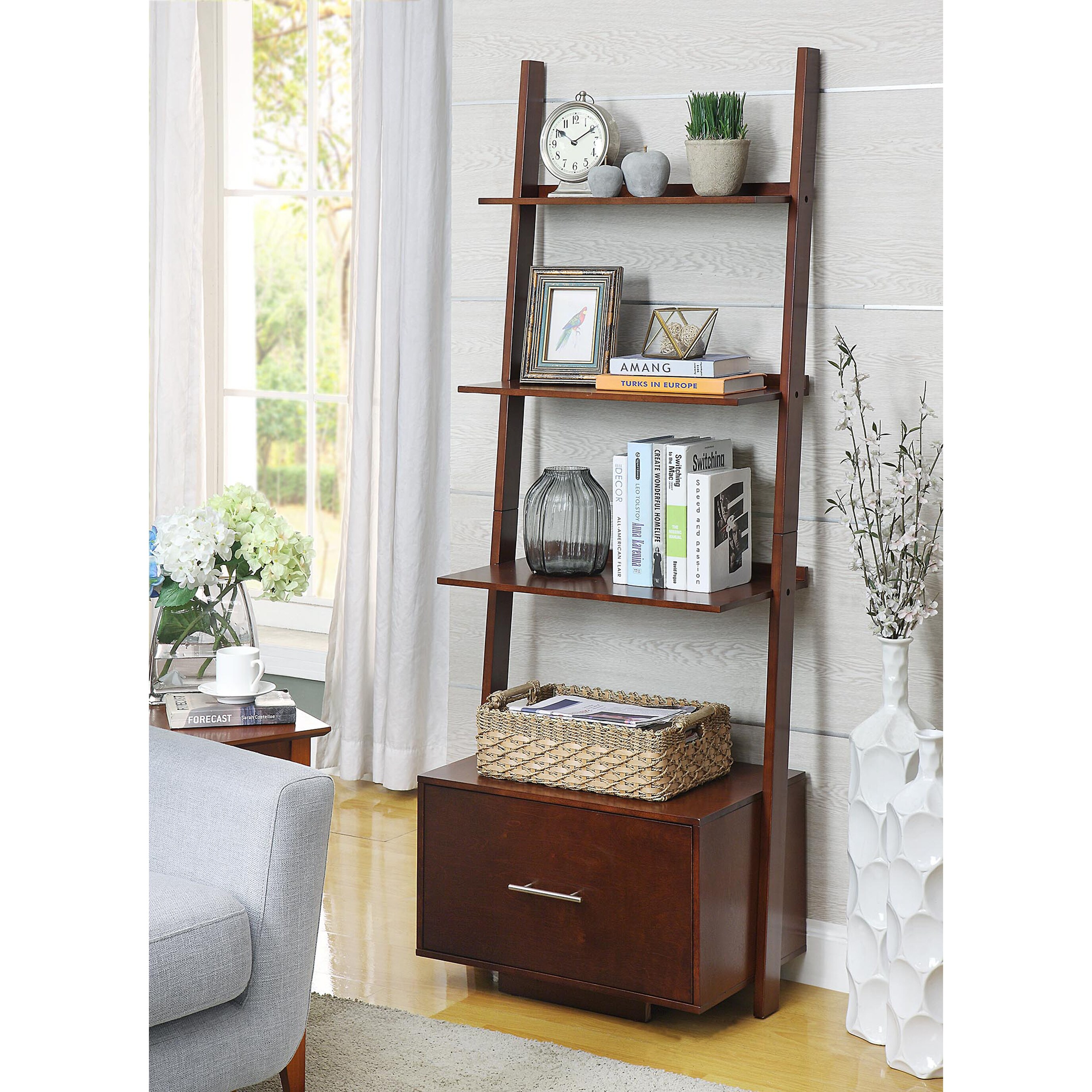 Details about   Copper Grove Helena Ladder Bookcase with File Drawer Grey 