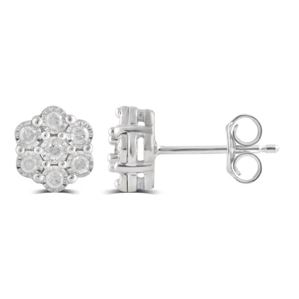 slide 1 of 3, Divina Sterling Silver 1/3ct TDW Diamond Cluster Stud Earring