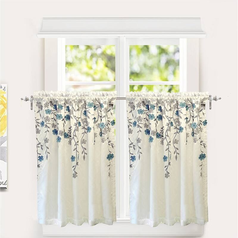 Porch & Den Oneida Floral Embroidered Faux Silk Kitchen Tier Pair - Ivory/Blue