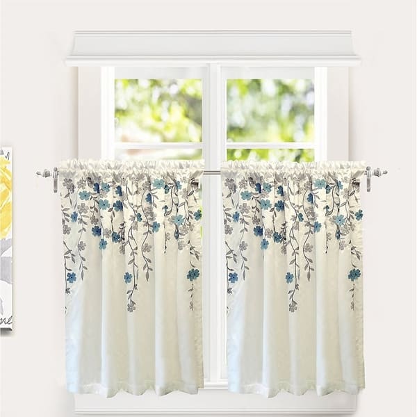 slide 2 of 6, Porch & Den Oneida Floral Embroidered Faux Silk Kitchen Tier Pair Ivory/Blue