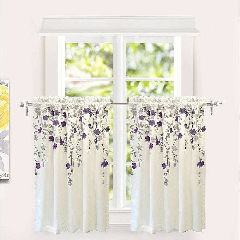 Porch & Den Oneida Floral Embroidered Faux Silk Kitchen Tier Pair - Ivory/Purple