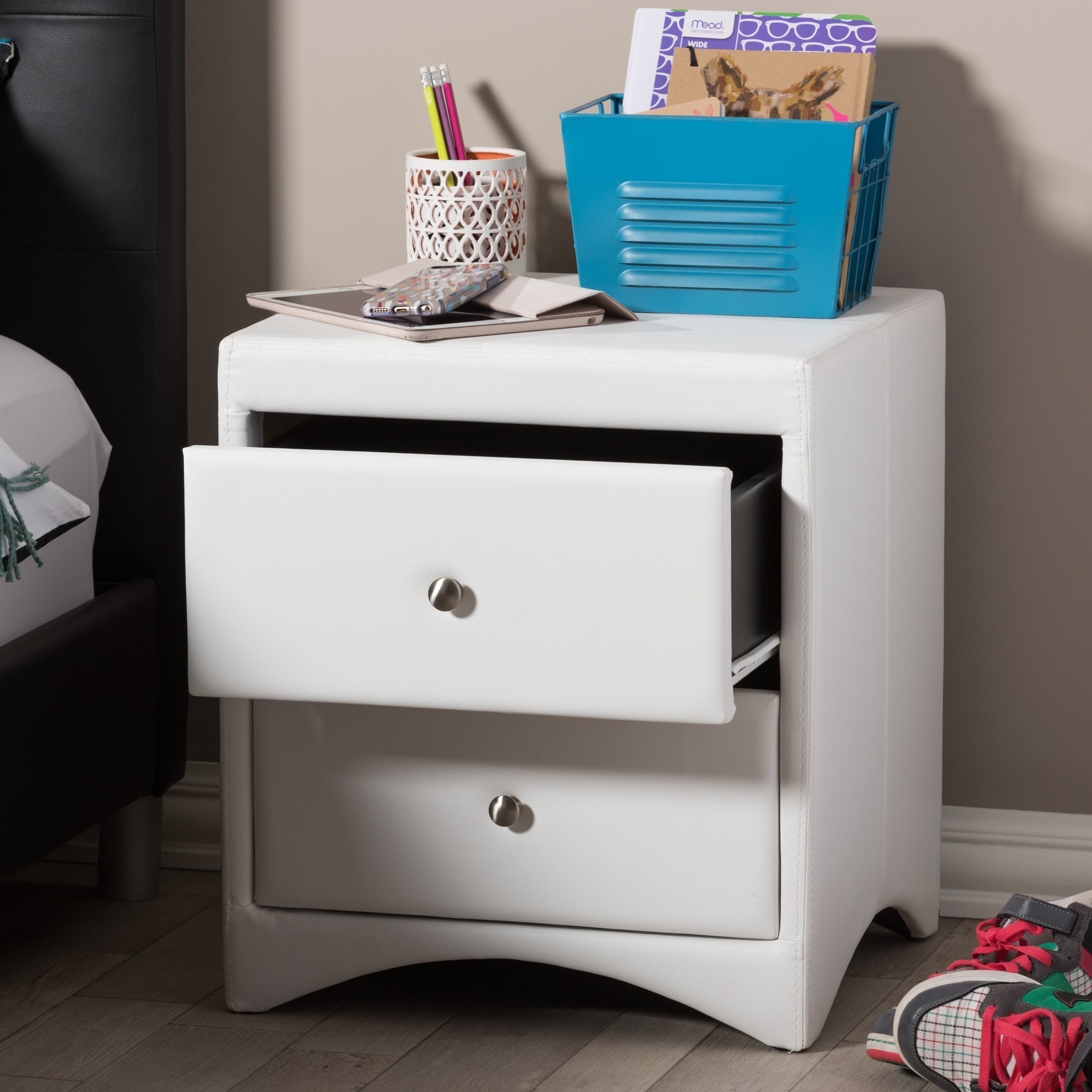 Baxton Studio Dorian Faux Leather Upholstered Modern Nightstand White