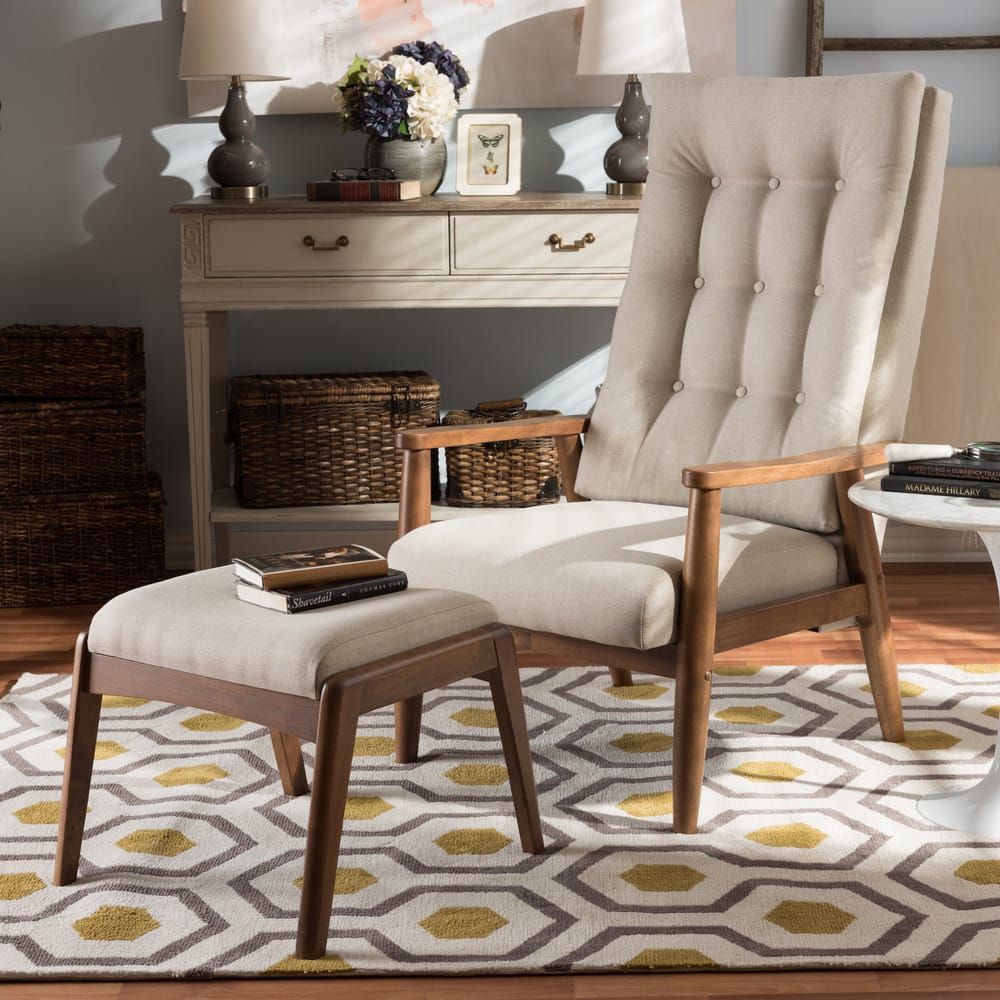 Carson Carrington Forssa Mid-century Walnut Wood Upholstered Lounge Chair and Ottoman Set