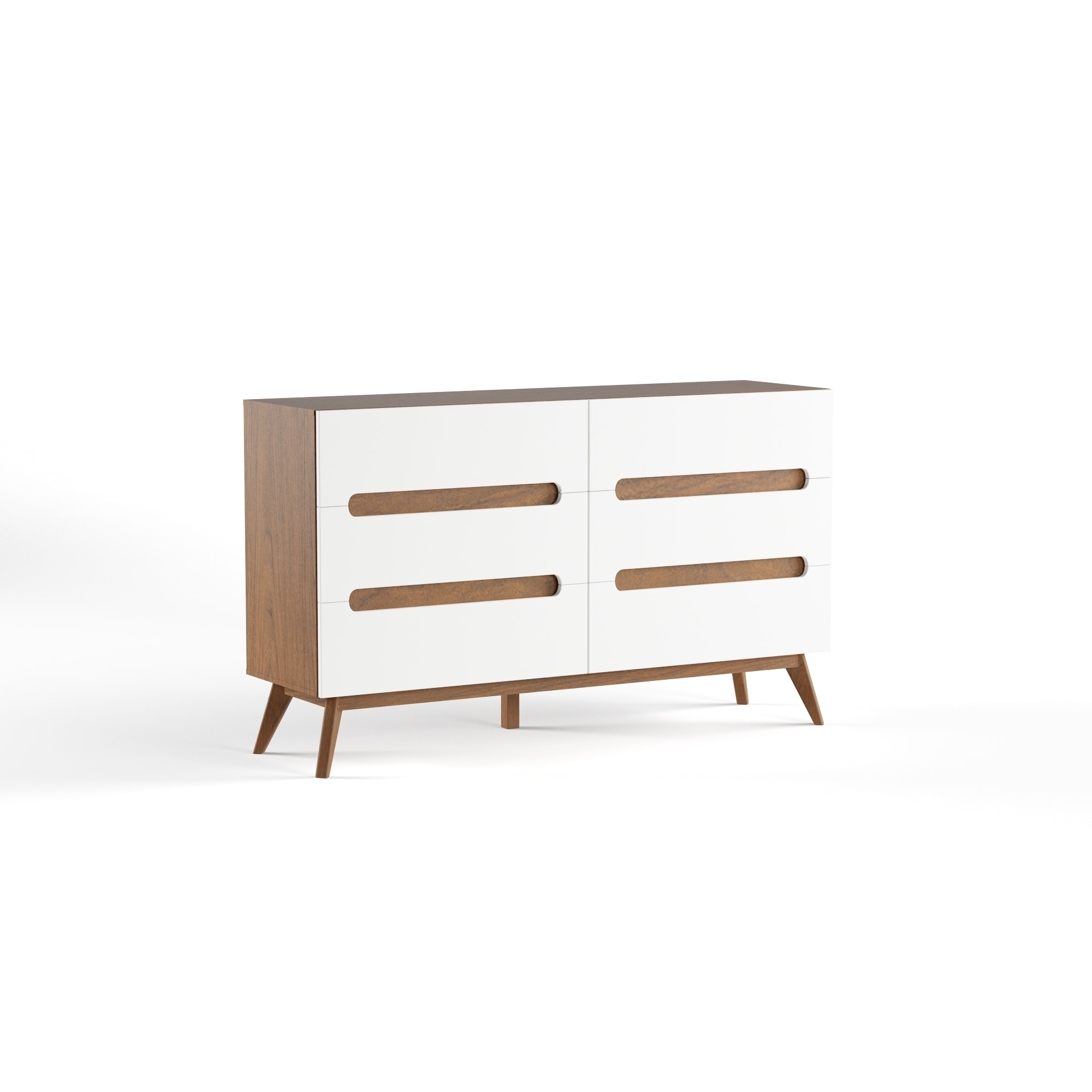 Mid-century modern 6-drawer chest in white and walnut.