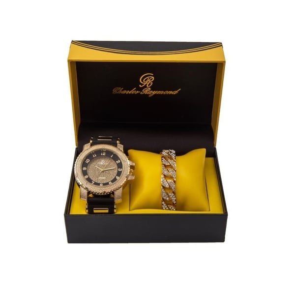 Charles Raymond Iced Out Black Rubber Hip Hop Bullet Gold Tone Watch w/ Bling'd Out Gold Cuban Bracelet -