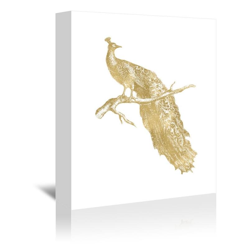 Peacock Single Gold On White By Amy Brinkman - Wrapped Canvas Wall Art 