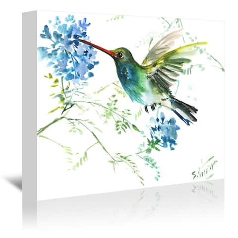 Hummingbird With Blue Flowers - Wrapped Canvas Wall Art