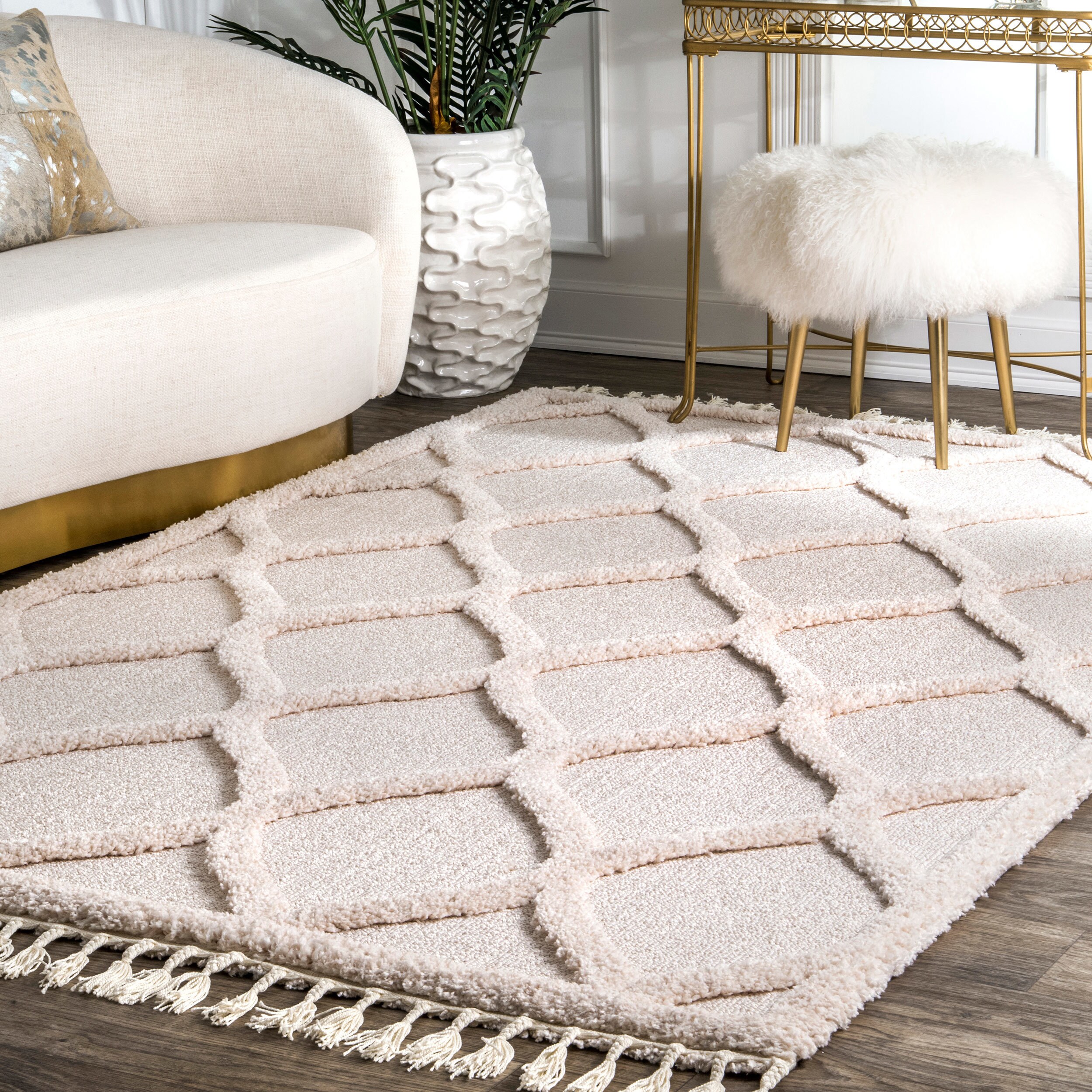 Nuloom Ivory Plush High Low Trellis Kids Tassel Shag Rug