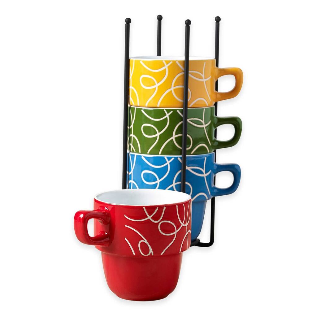 Ceramic 5 Pcs. Stacking Coffee Mug Set With Rack Mugs With Stand - Esto