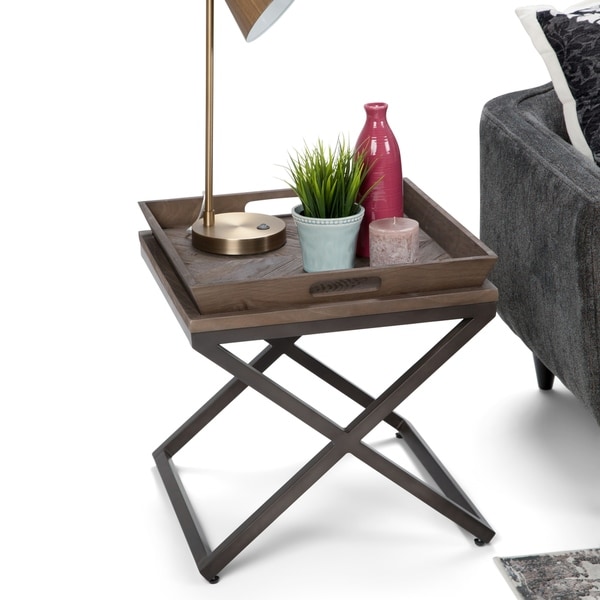 WYNDENHALL Poulton Solid Aged Elm Wood and Metal 20 inch Wide Square Modern Industrial End Side Table in Distressed Natural Elm