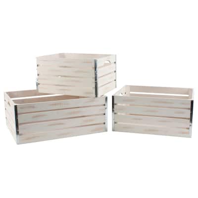 Set of 3 Large Whitewash Wood Crates