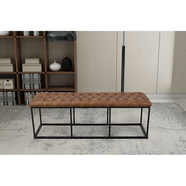 HomePop Draper Large Decorative Bench with Light Brown Faux Leather