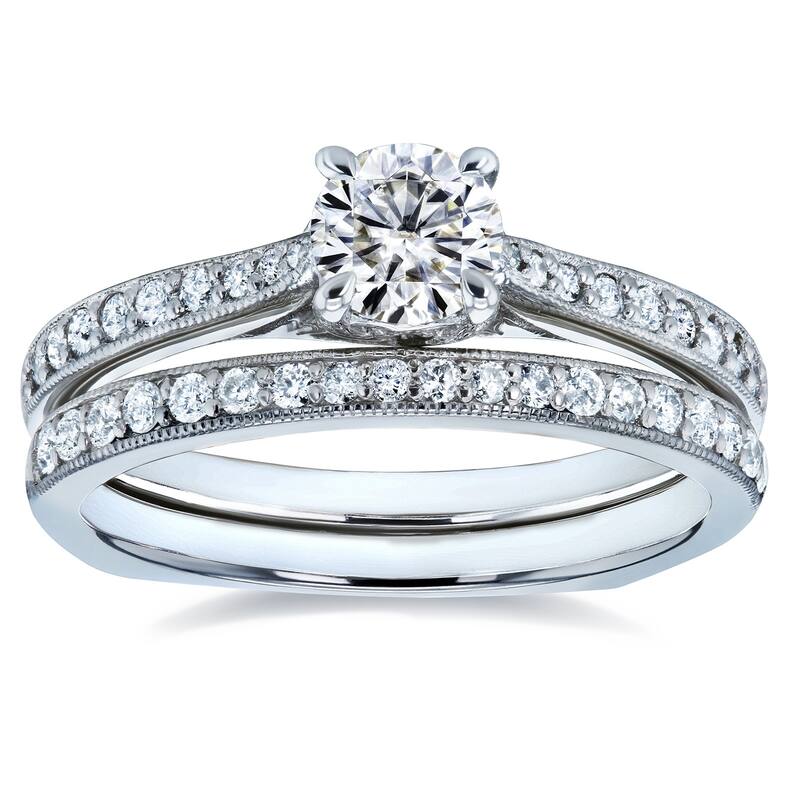 Annello by Kobelli 14k Gold 7/8ct TGW Round Moissanite and Diamond Square Shank Trellis 2 Piece Bridal Set (GH/VS, GH/I)