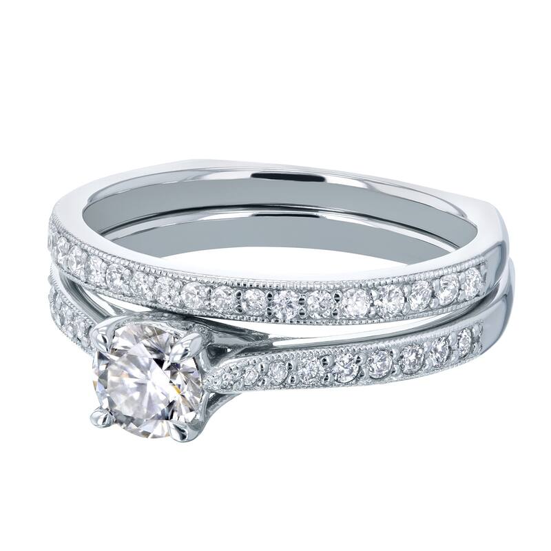 Annello by Kobelli 14k Gold 7/8ct TGW Round Moissanite and Diamond Square Shank Trellis 2 Piece Bridal Set (GH/VS, GH/I)