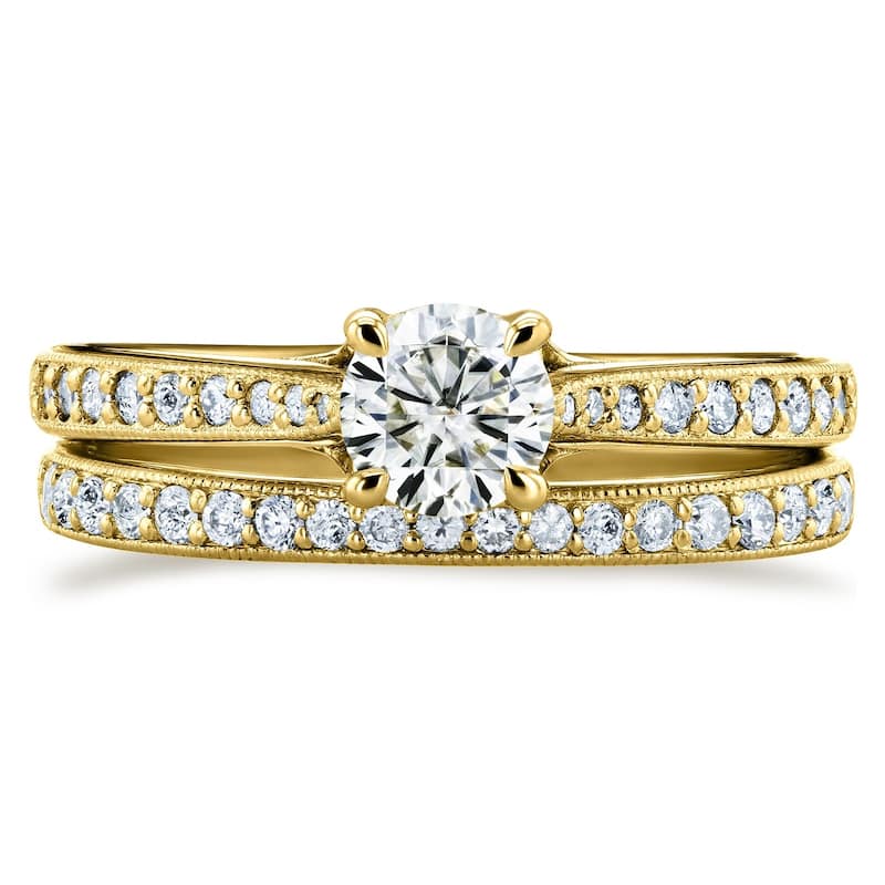 Annello by Kobelli 14k Gold 7/8ct TGW Round Moissanite and Diamond Square Shank Trellis 2 Piece Bridal Set (GH/VS, GH/I)