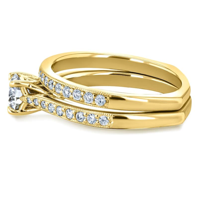 Annello by Kobelli 14k Gold 7/8ct TGW Round Moissanite and Diamond Square Shank Trellis 2 Piece Bridal Set (GH/VS, GH/I)