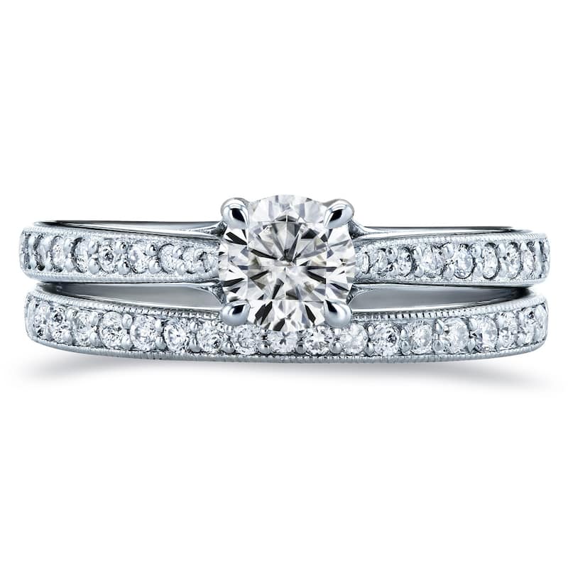 Annello by Kobelli 14k Gold 7/8ct TGW Round Moissanite and Diamond Square Shank Trellis 2 Piece Bridal Set (GH/VS, GH/I)