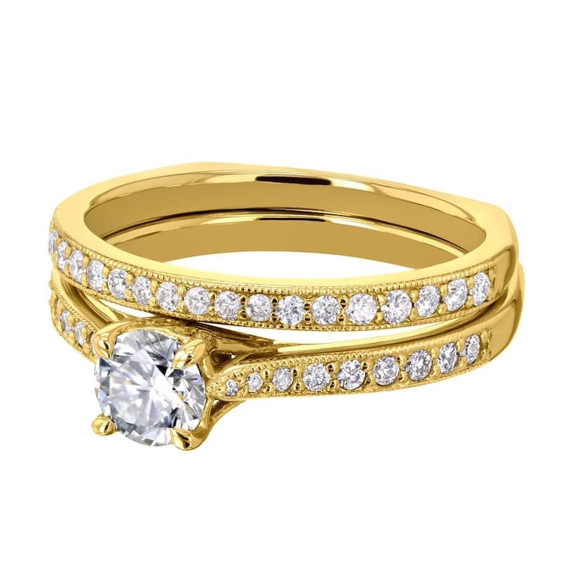 Annello by Kobelli 14k Gold 7/8ct TGW Round Moissanite and Diamond Square Shank Trellis 2 Piece Bridal Set (GH/VS, GH/I)
