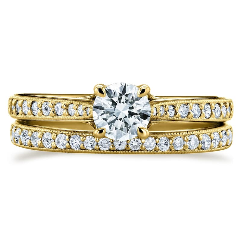 Anenllo by Kobelli 14k Gold 7/8ct TDW Round Diamond Square European Shank Vintage Trellis 2 Piece Bridal Set
