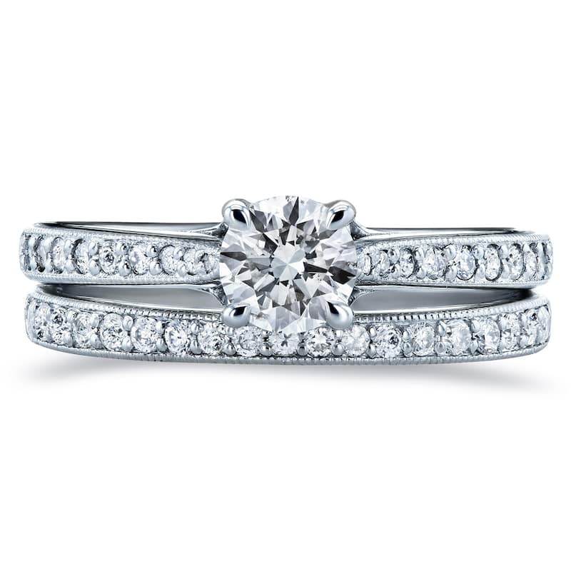 Anenllo by Kobelli 14k Gold 7/8ct TDW Round Diamond Square European Shank Vintage Trellis 2 Piece Bridal Set