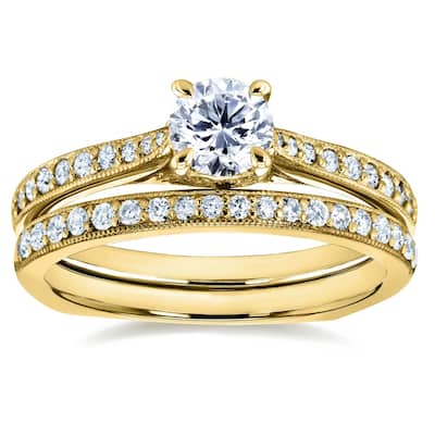 Anenllo by Kobelli 14k Gold 7/8ct TDW Round Diamond Square European Shank Vintage Trellis 2 Piece Bridal Set