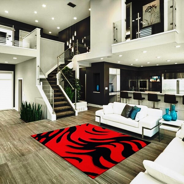 Geometric Design Red Black Grey Polypropylene Area Rug 5 3 X 7