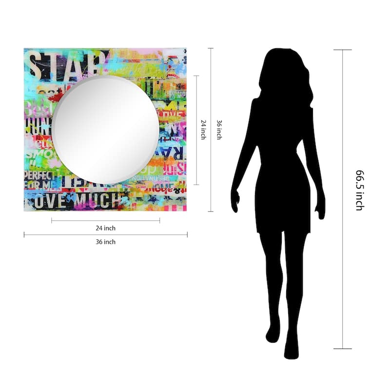 "Star" 24" Round Beveled Wall Mirror on 36" Square Printed Tempered Art Glass Frame - 36 x 36