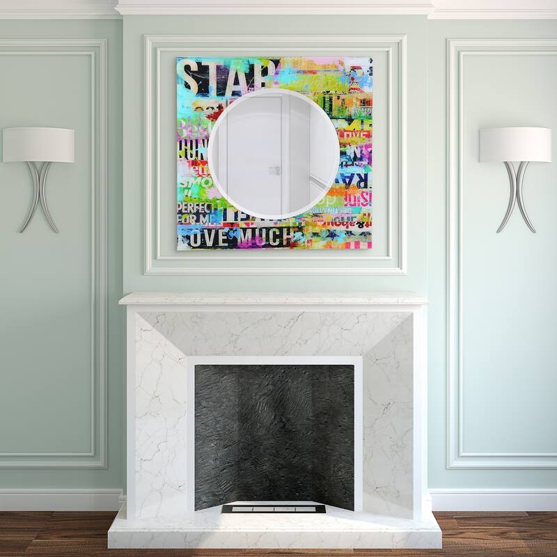 "Star" 24" Round Beveled Wall Mirror on 36" Square Printed Tempered Art Glass Frame - 36 x 36