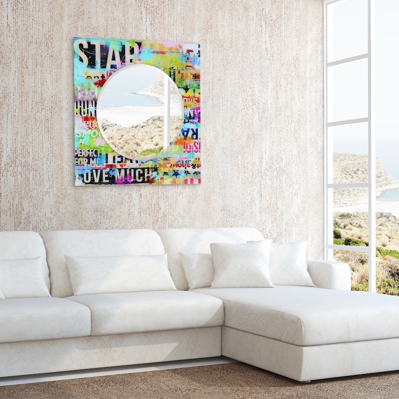 "Star" 24" Round Beveled Wall Mirror on 36" Square Printed Tempered Art Glass Frame - 36 x 36