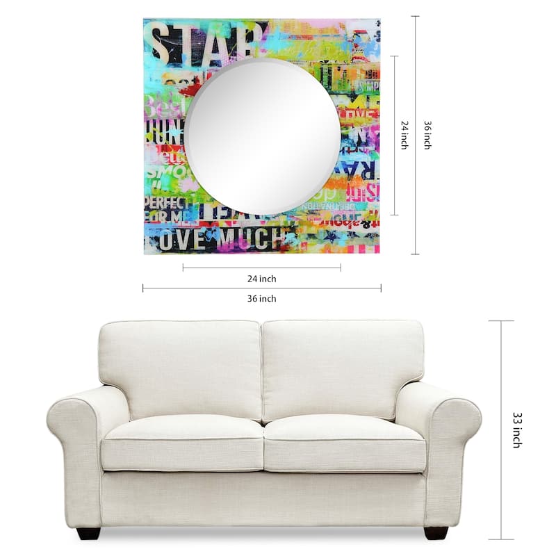 "Star" 24" Round Beveled Wall Mirror on 36" Square Printed Tempered Art Glass Frame - 36 x 36
