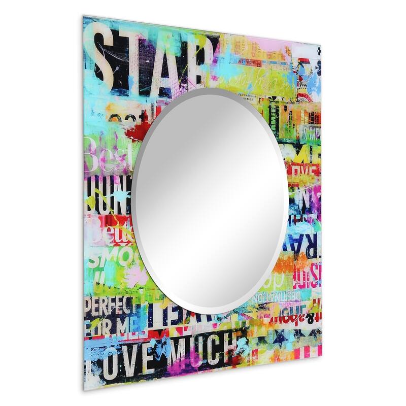 "Star" 24" Round Beveled Wall Mirror on 36" Square Printed Tempered Art Glass Frame - 36 x 36