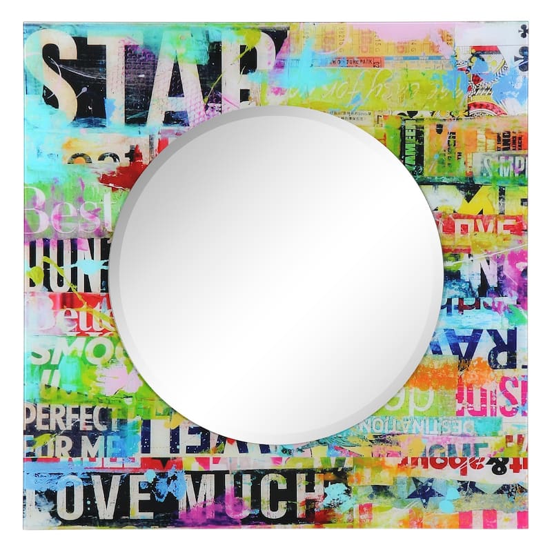 "Star" 24" Round Beveled Wall Mirror on 36" Square Printed Tempered Art Glass Frame - 36 x 36
