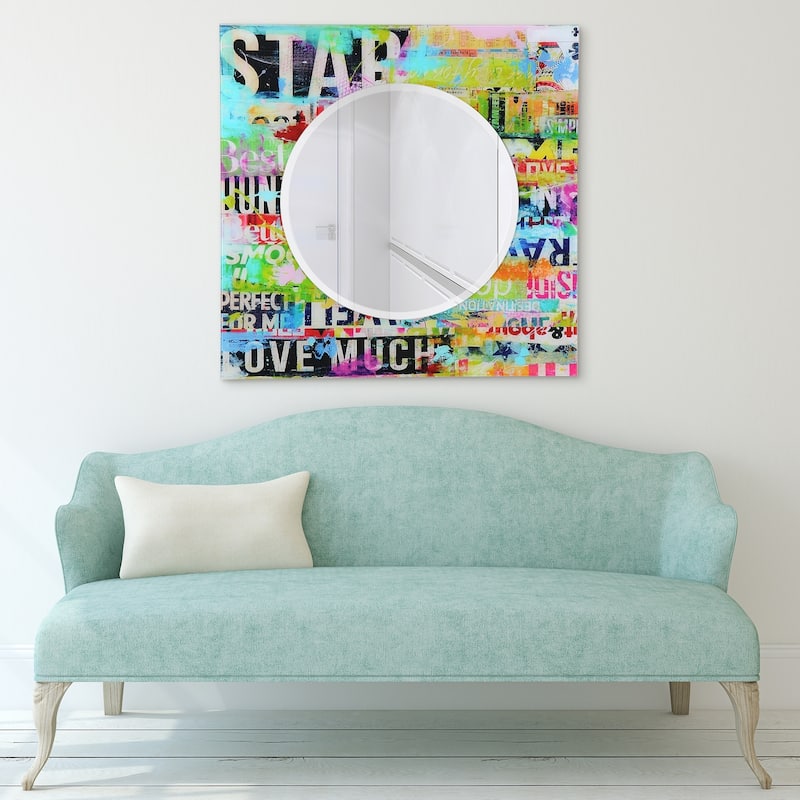 "Star" 24" Round Beveled Wall Mirror on 36" Square Printed Tempered Art Glass Frame - 36 x 36