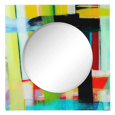 "Shine" 24" Round Beveled Wall Mirror on 36" Square Printed Tempered Art Glass - 36 x 36