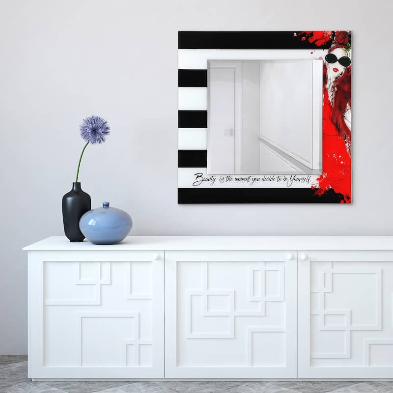"Fashion" 24" Square Beveled Wall Mirror on 36" Square Printed Tempered Art Glass - 36 x 36
