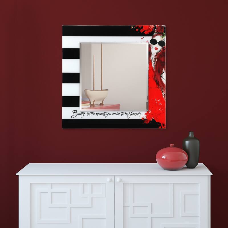 "Fashion" 24" Square Beveled Wall Mirror on 36" Square Printed Tempered Art Glass - 36 x 36