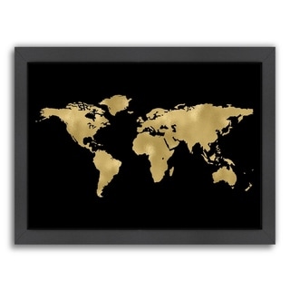 World Map Gold On Black - Framed Print Wall Art