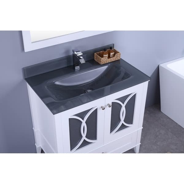 Fascinating vanity with glass sink 36 In Bathroom Vanity White With Glass Top And Mirror Overstock 20584871 Fascinating vanity with glass sink 36 In Bathroom Vanity White With Glass Top And Mirror Overstock 20584871