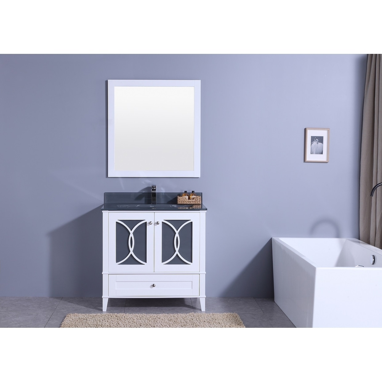 36 In Bathroom Vanity In White With Glass Top And Mirror Assembled