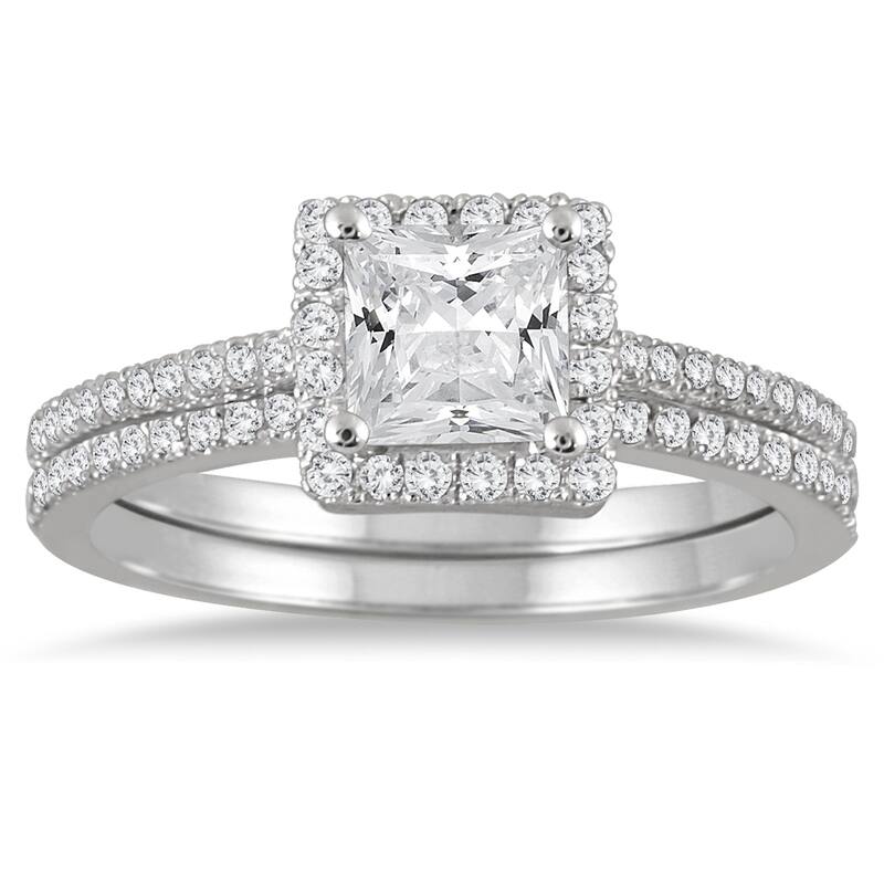 1 1/6 Carat TW Halo Princess Cut Diamond Bridal Set in 14K White Gold