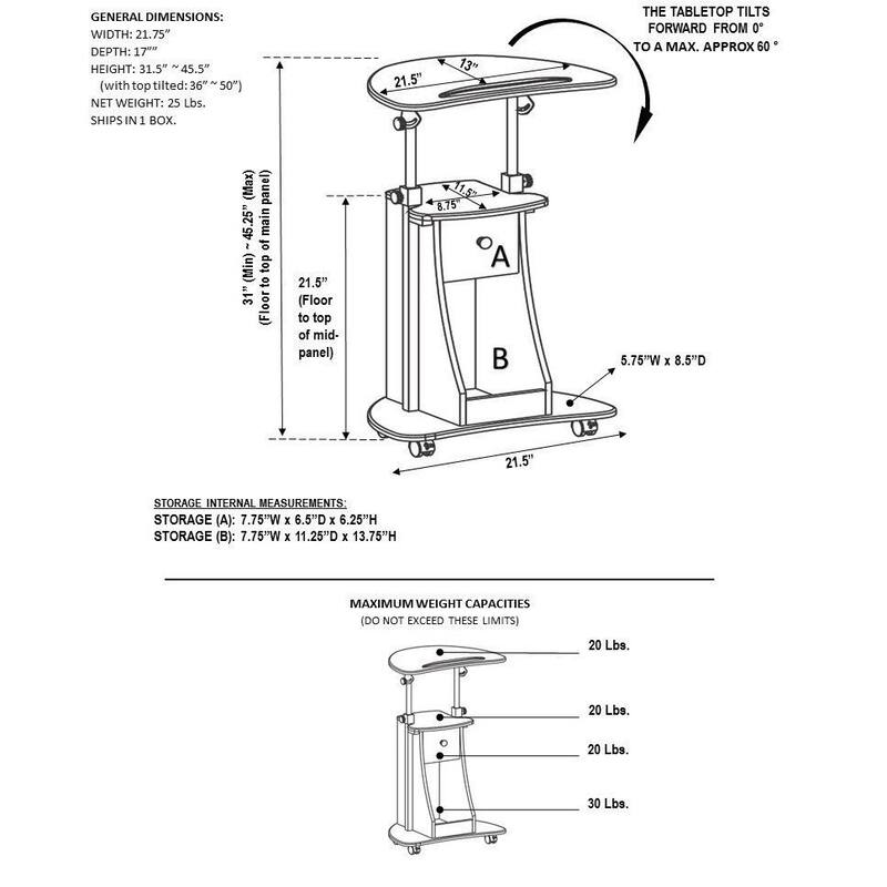 Urban Designs Sit-to-Stand Rolling Adjustable Laptop Cart With Storage
