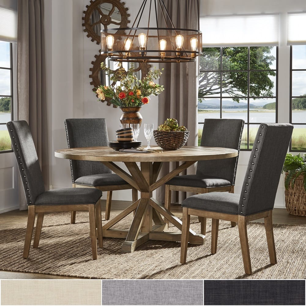 Benchwright Rustic X-Base Round Pine Wood Dining Set with Nail Head Chairs by iNSPIRE Q Artisan