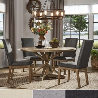 Benchwright Rustic X-Base Round Pine Wood Dining Set with Nail Head Chairs by iNSPIRE Q Artisan