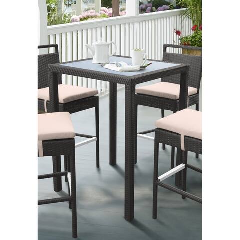 Armen Living Tropez Outdoor Patio Wicker Bar Table with Black Glass Top