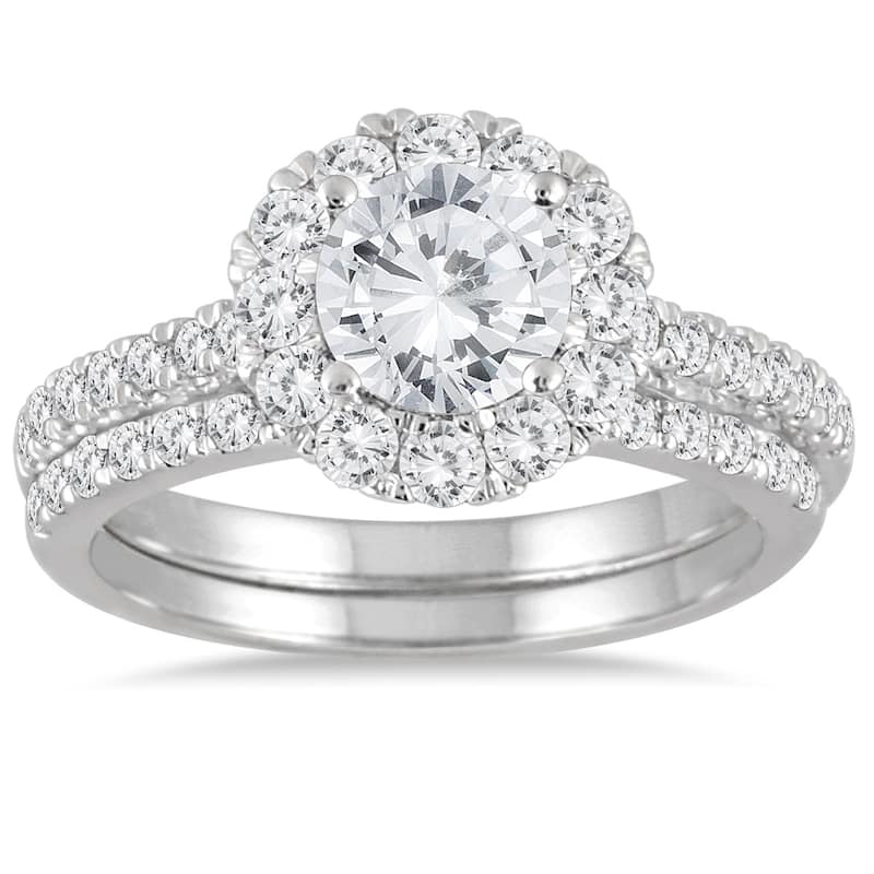 AGS Certified 2 Carat TW Diamond Halo Bridal Set in 14K White Gold (J-K Color, I2-I3 Clarity)
